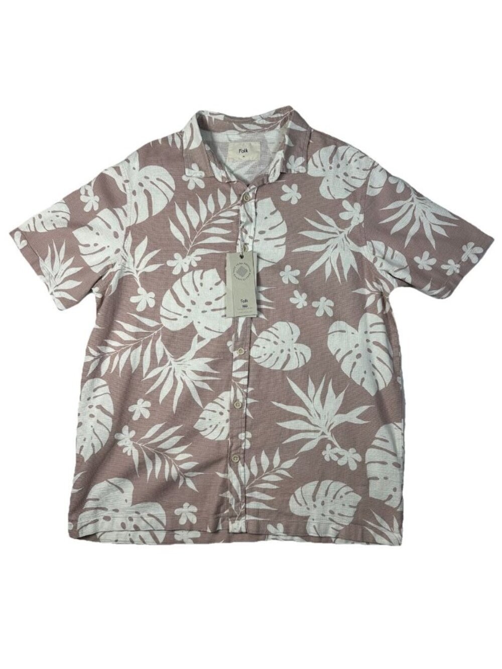 Folk Short Sleeve Button Up Medium Kingston Pink Leaf Beach Casual Mens Cotton - Picture 1 of 11